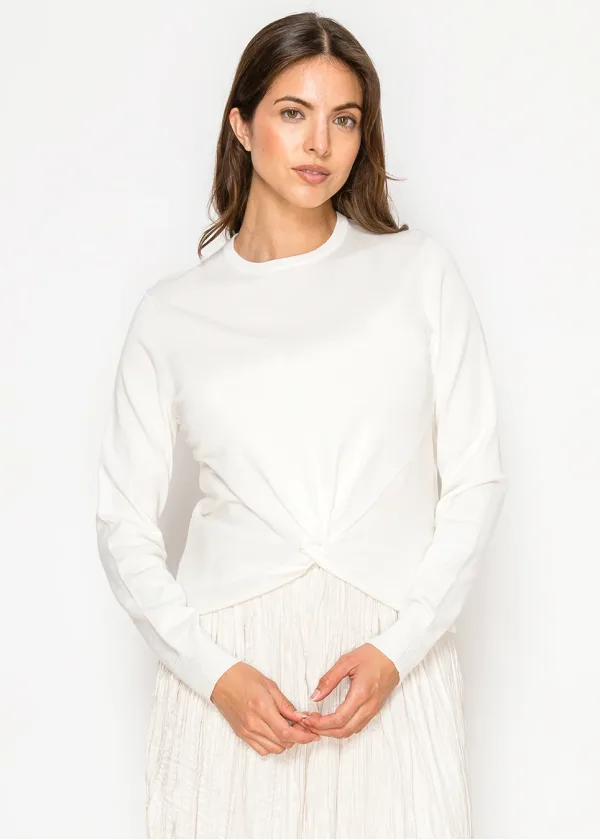 White Knit Sweater with Front Twist Detail
