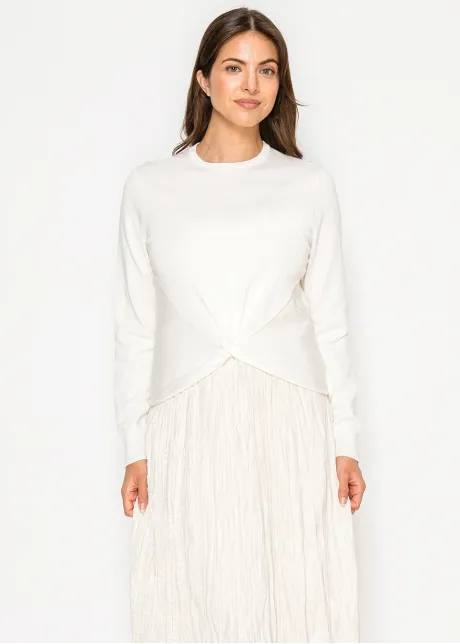 White Knit Sweater with Front Twist Detail