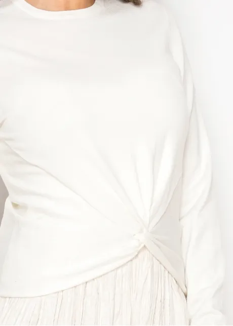 White Knit Sweater with Front Twist Detail