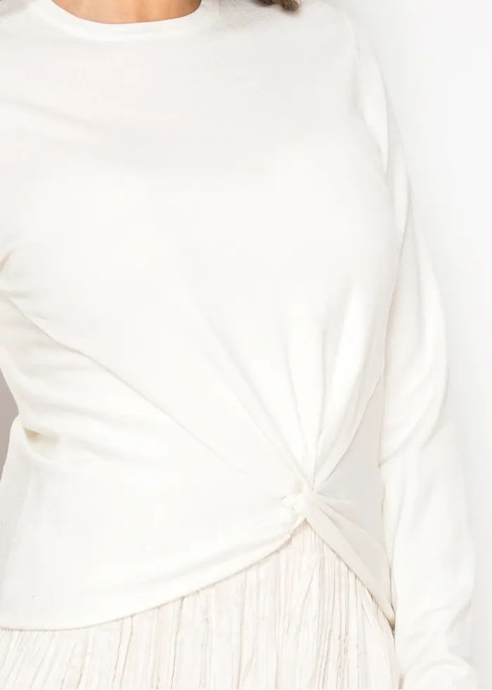 White Knit Sweater with Front Twist Detail