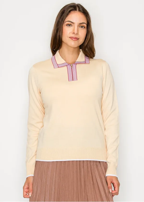 Beige Knit Polo Sweater with Zip Detail