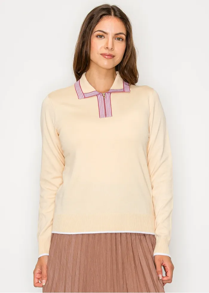 Beige Knit Polo Sweater with Zip Detail