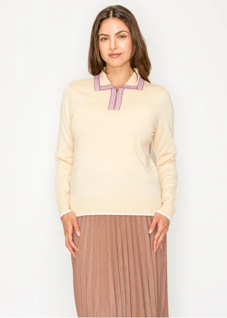 Beige Knit Polo Sweater with Zip Detail