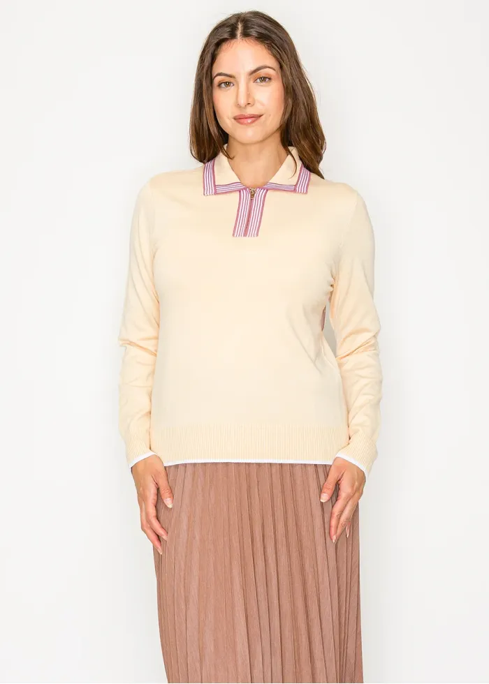 Beige Knit Polo Sweater with Zip Detail