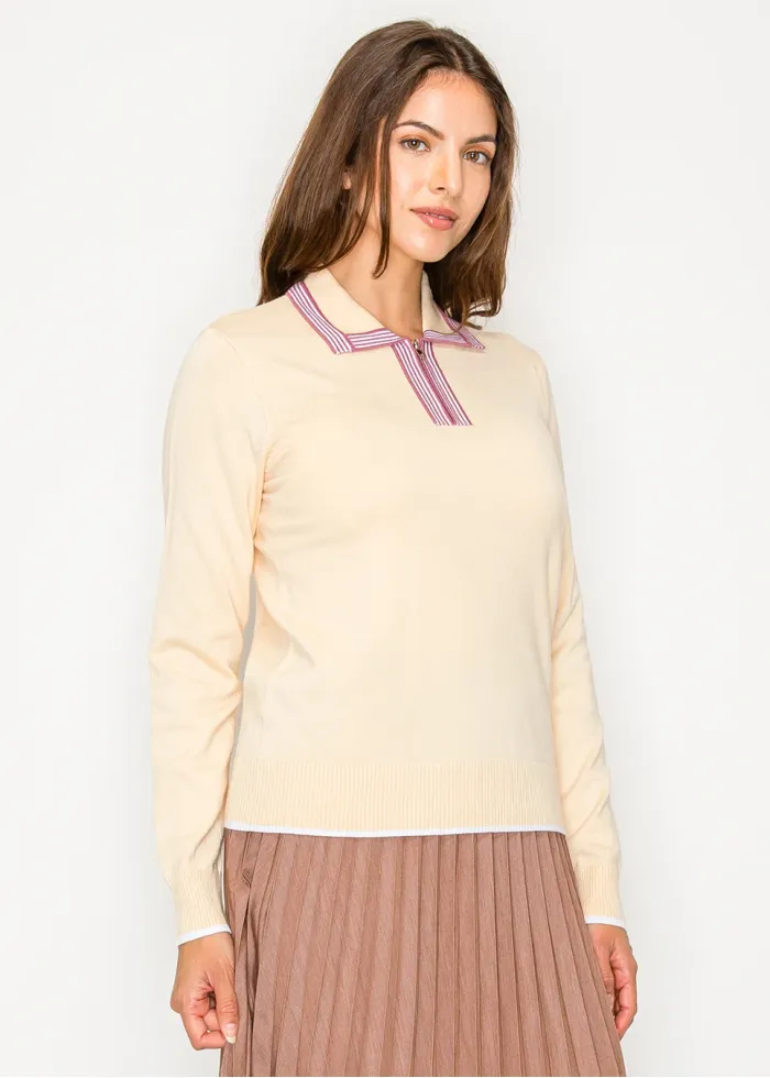 Beige Knit Polo Sweater with Zip Detail