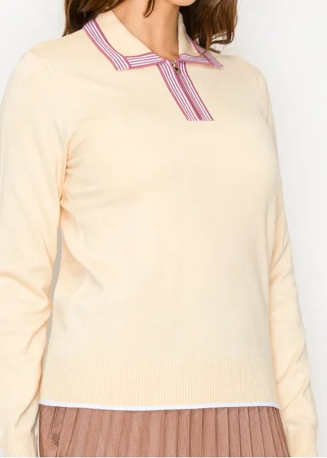 Beige Knit Polo Sweater with Zip Detail