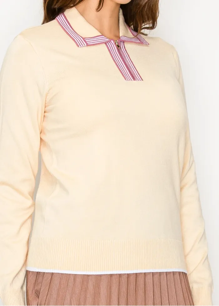 Beige Knit Polo Sweater with Zip Detail
