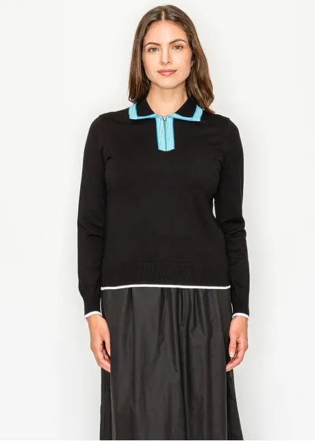 Black Polo Sweater — Contrast Teal Striped Collar