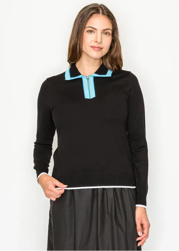 Black Polo Sweater — Contrast Teal Striped Collar