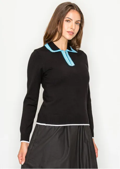 Black Polo Sweater — Contrast Teal Striped Collar