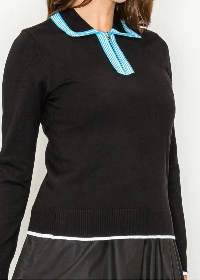 Black Polo Sweater — Contrast Teal Striped Collar