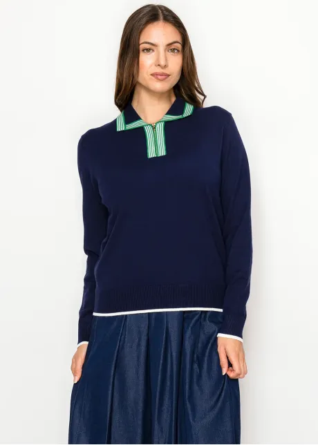 Navy Polo Collar Knit Sweater