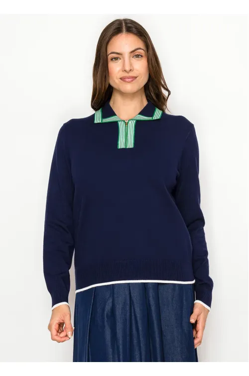 Navy Polo Collar Knit Sweater