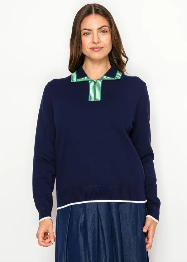 Navy Polo Collar Knit Sweater