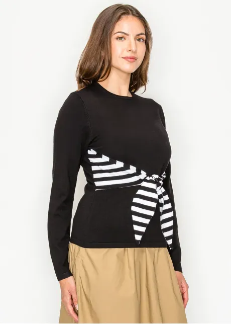 Black Knit Top with Striped Waist Tie