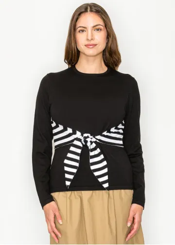Black Knit Top with Striped Waist Tie