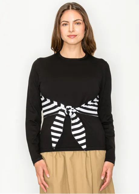 Black Knit Top with Striped Waist Tie