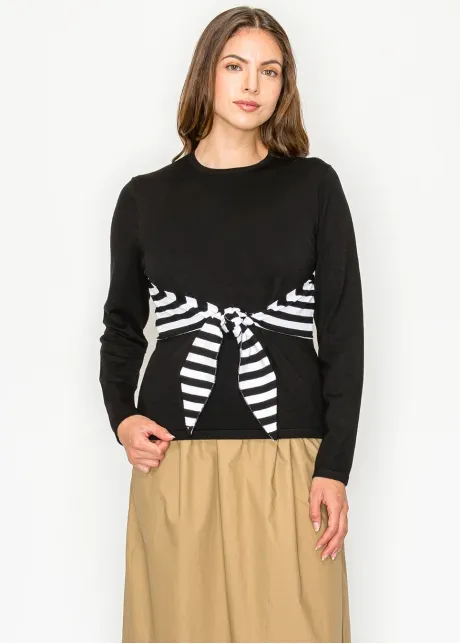 Black Knit Top with Striped Waist Tie