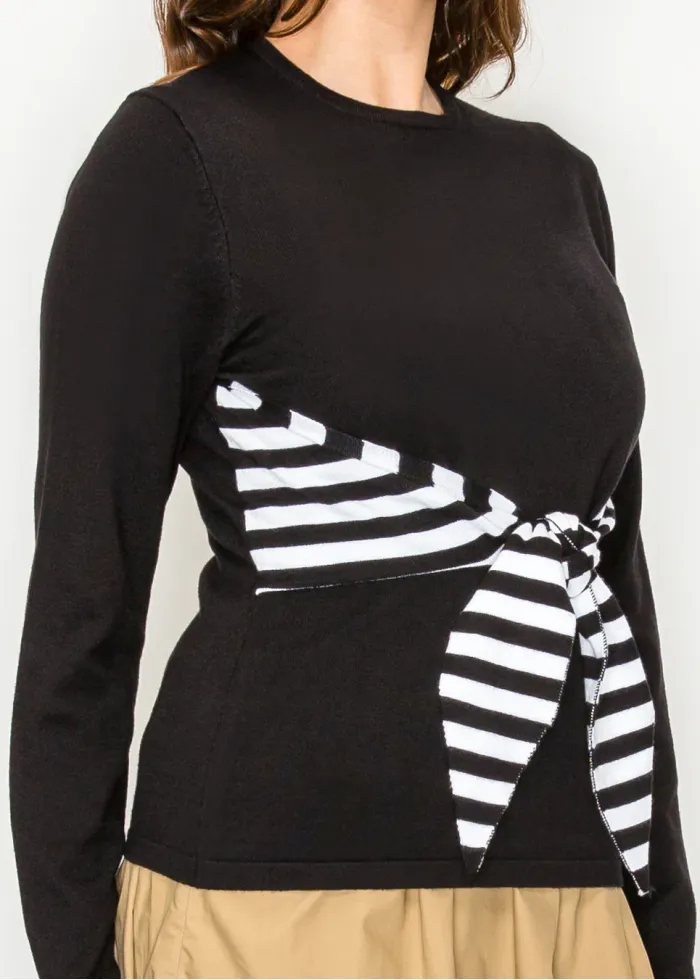 Black Knit Top with Striped Waist Tie