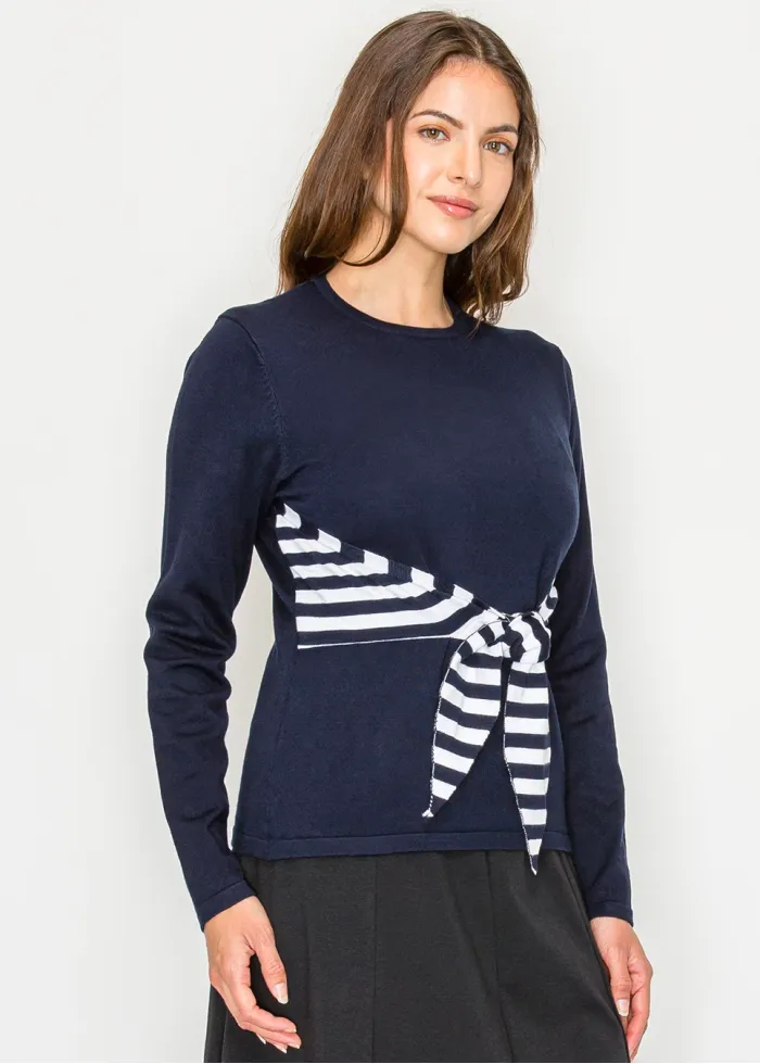 Classic Navy Top with Striped Waist Tie