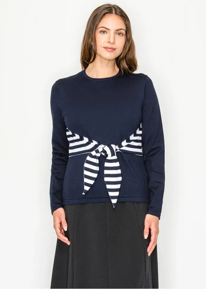 Classic Navy Top with Striped Waist Tie