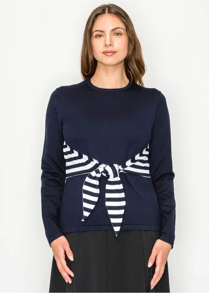Classic Navy Top with Striped Waist Tie