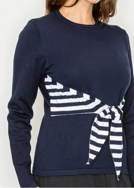 Classic Navy Top with Striped Waist Tie