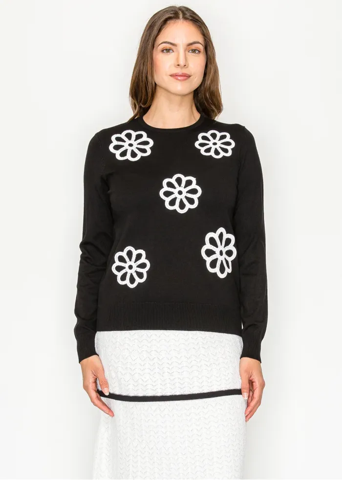 Black Knit Sweater with White Daisy Detail