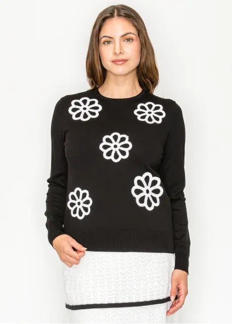 Black Knit Sweater with White Daisy Detail
