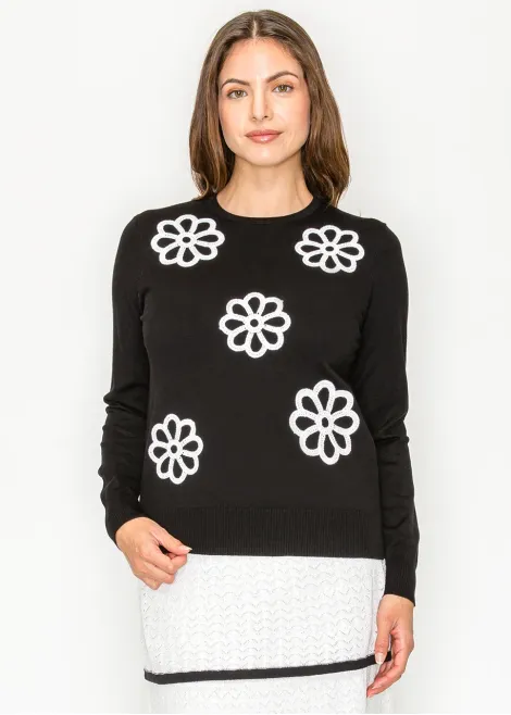 Black Knit Sweater with White Daisy Detail