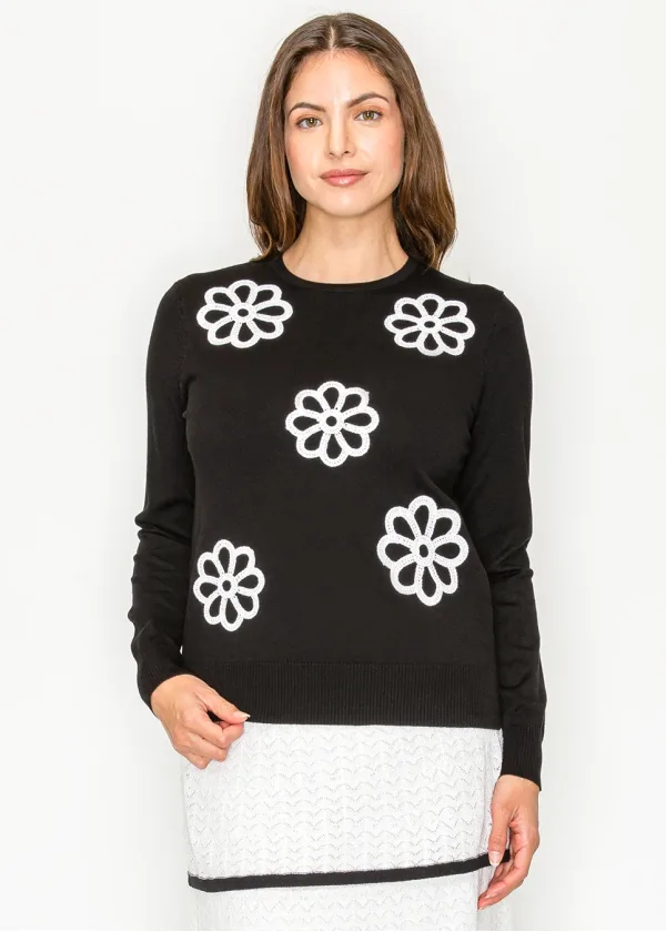 Black Knit Sweater with White Daisy Detail