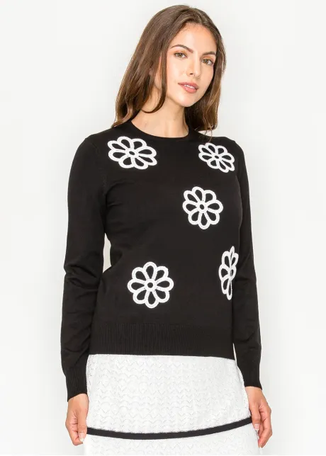 Black Knit Sweater with White Daisy Detail