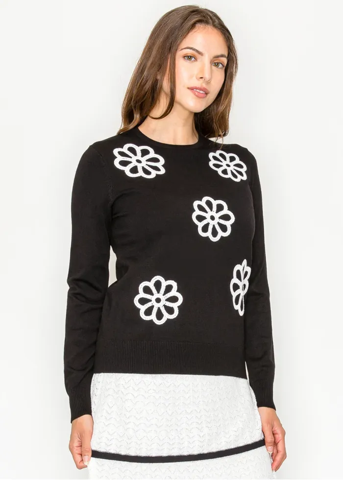 Black Knit Sweater with White Daisy Detail