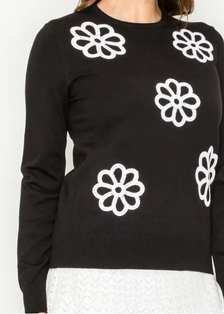 Black Knit Sweater with White Daisy Detail