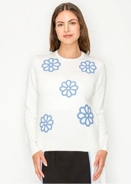 White Floral Appliqué Knit Sweater