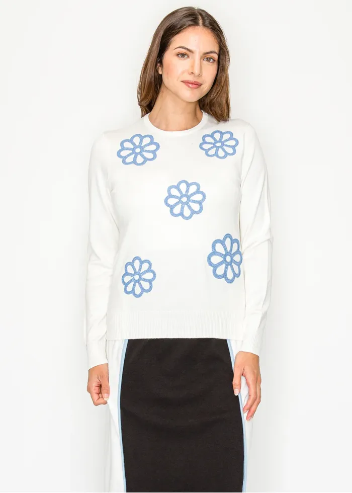 White Floral Appliqué Knit Sweater