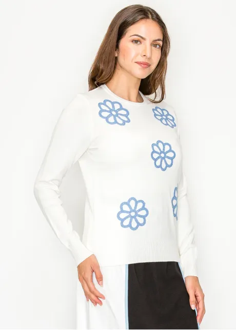 White Floral Appliqué Knit Sweater