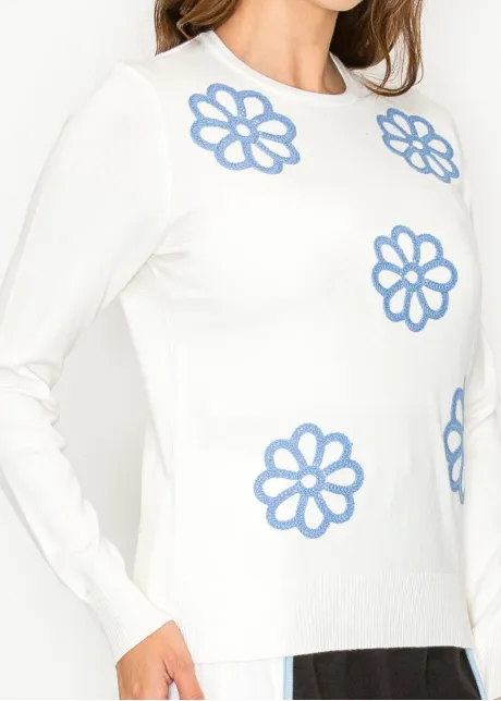 White Floral Appliqué Knit Sweater