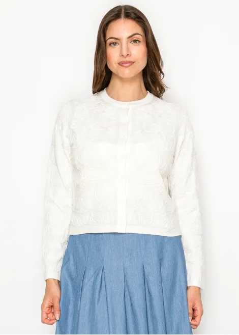 White Cardigan with Tonal Floral Embroidery