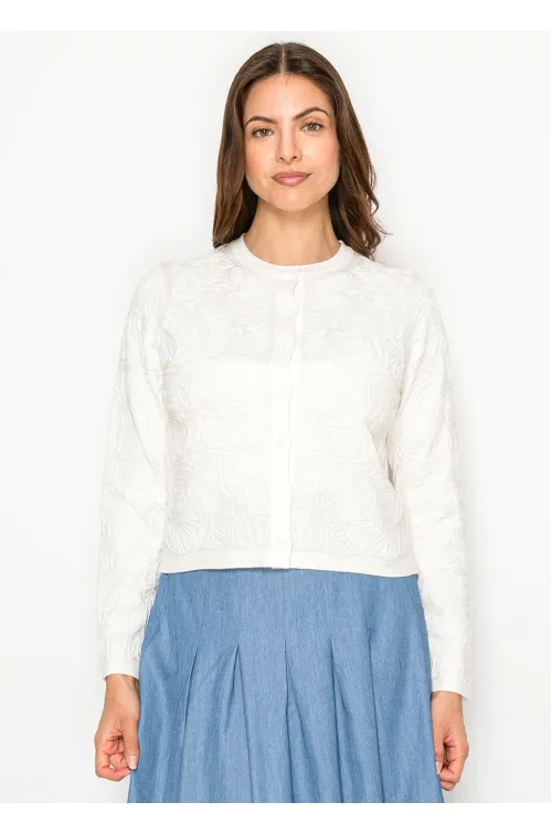 White Cardigan with Tonal Floral Embroidery