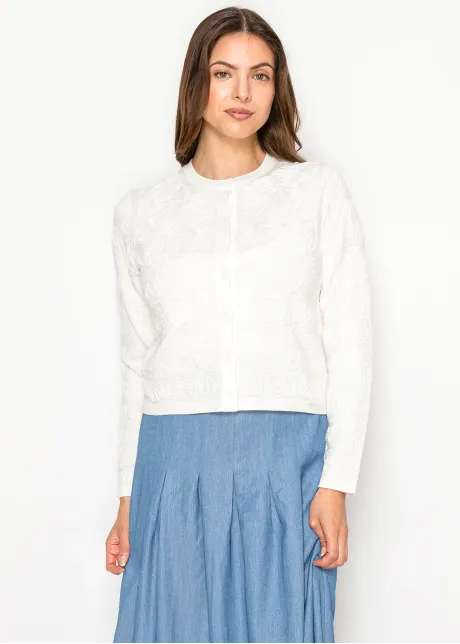 White Cardigan with Tonal Floral Embroidery