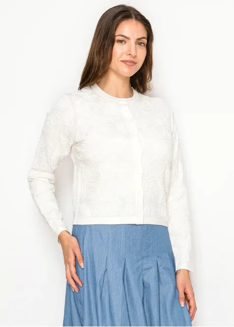 White Cardigan with Tonal Floral Embroidery
