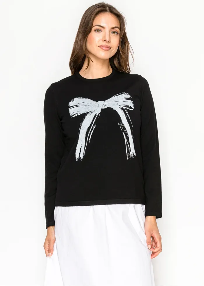 Black Sweater with Artistic Bow Graphic