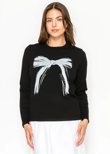 Black Sweater with Artistic Bow Graphic
