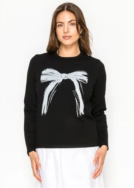 Black Sweater with Artistic Bow Graphic