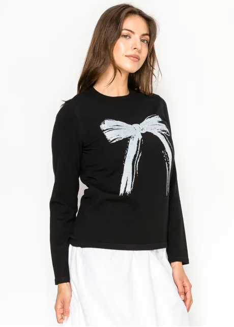 Black Sweater with Artistic Bow Graphic