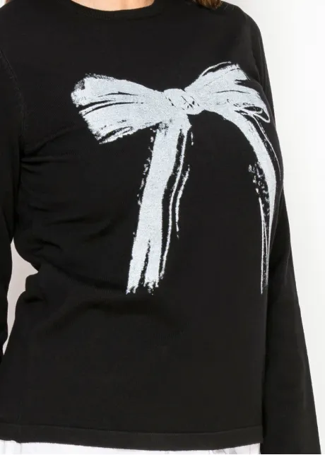 Black Sweater with Artistic Bow Graphic
