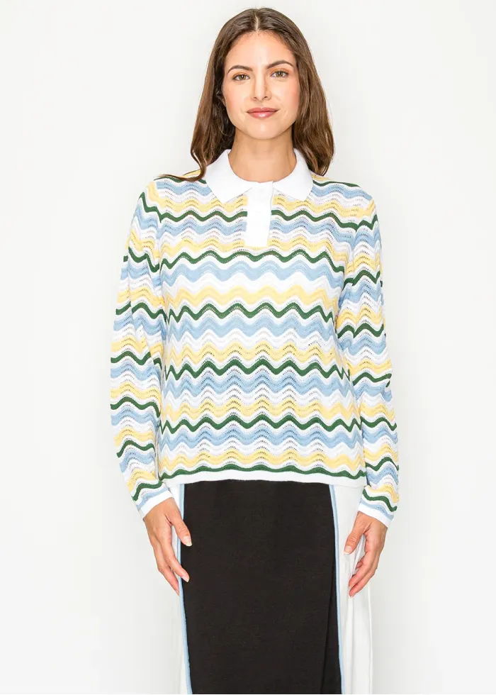 Wavy Stripe Knit Top with Polo Collar