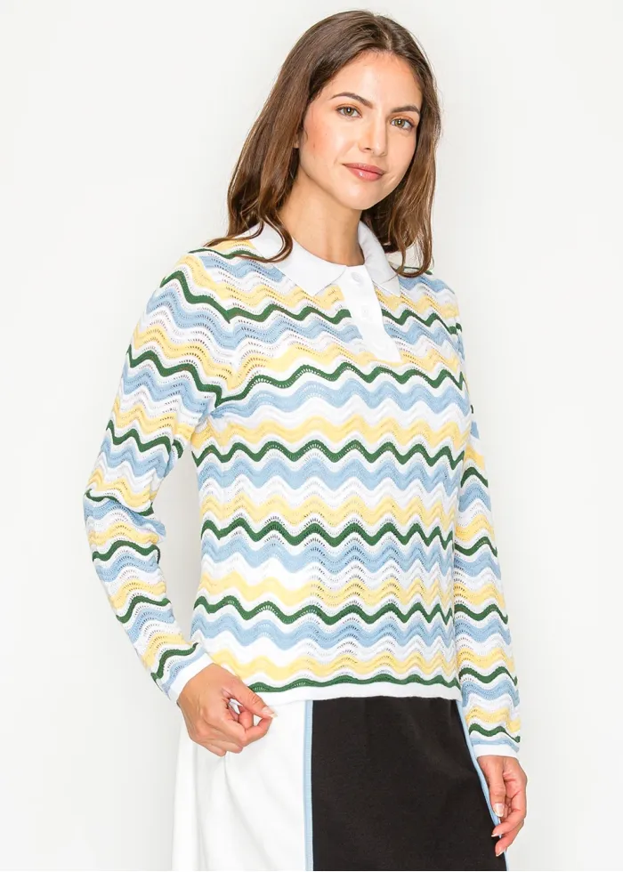 Wavy Stripe Knit Top with Polo Collar