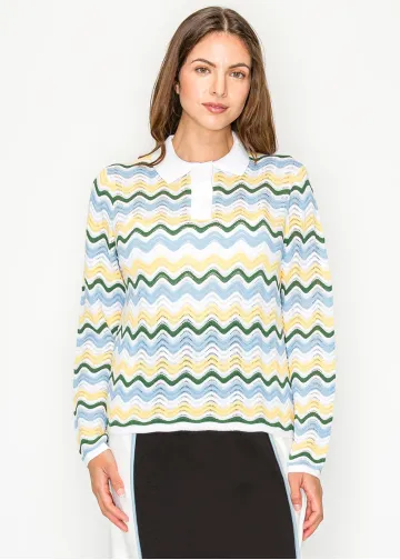 Wavy Stripe Knit Top with Polo Collar